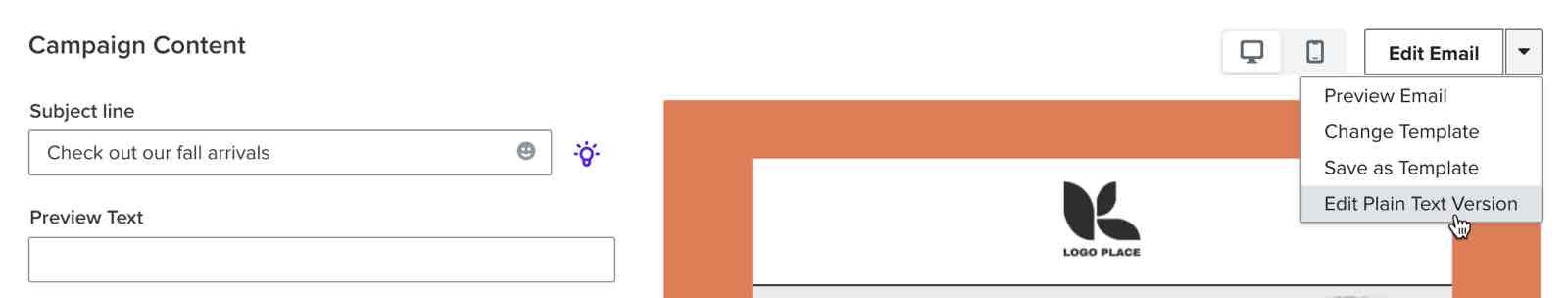 Die Option, die Klartextversion einer E-Mail-Kampagne zu bearbeiten