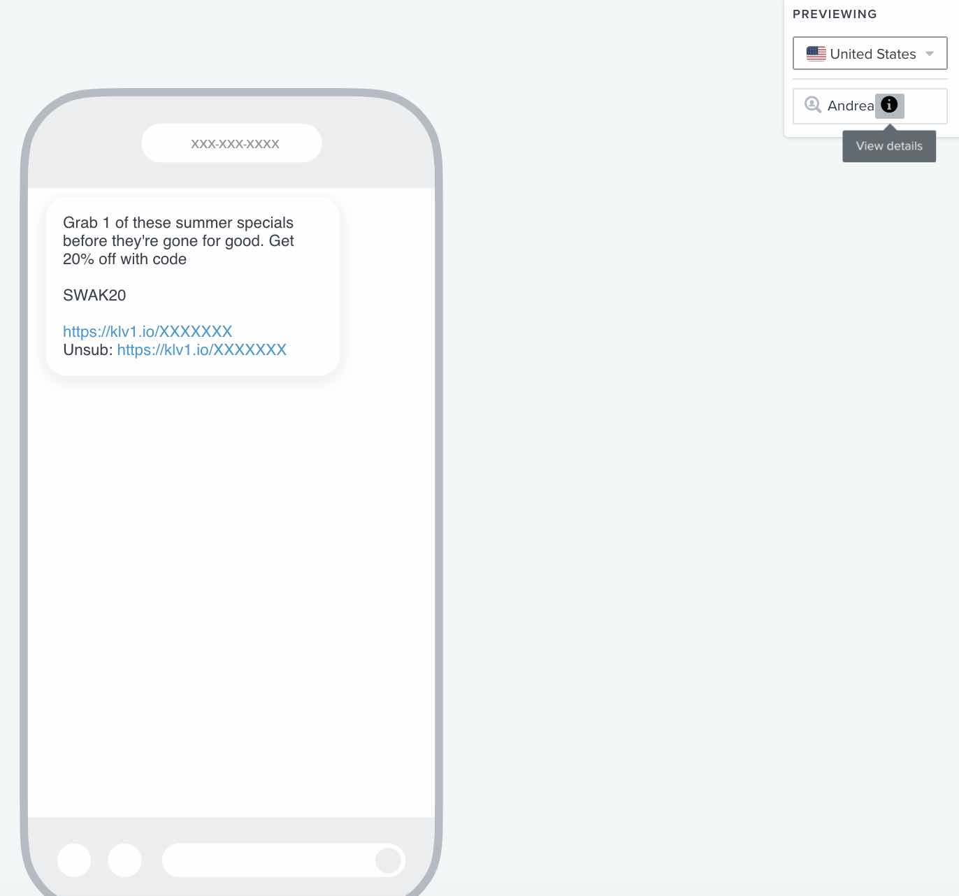 The Previewing box for an SMS, which includes the View Details button