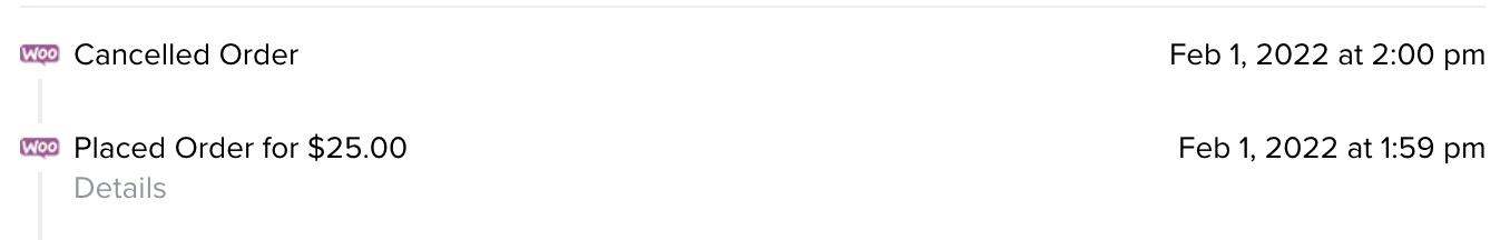 Liste mit stornierter Bestellung und platzierter Bestellung Metrik, beide mit Zeitstempel 