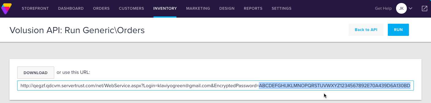 Der API-Schlüssel ist im Link auf der Seite Volusion API hervorgehoben: Generische Bestellungen ausführen