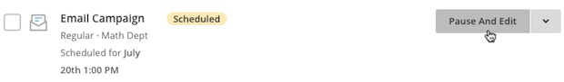 E-Mail-Kampagne in Mailchimp mit der Option „Pause and Edit“ dunkelgrau hervorgehoben
