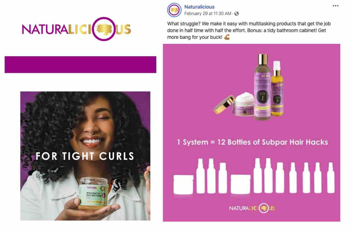 Magenta Naturalicious Facebook-Werbung für feste Locken mit Bildern von mehreren Flaschen in verschiedenen Größen
