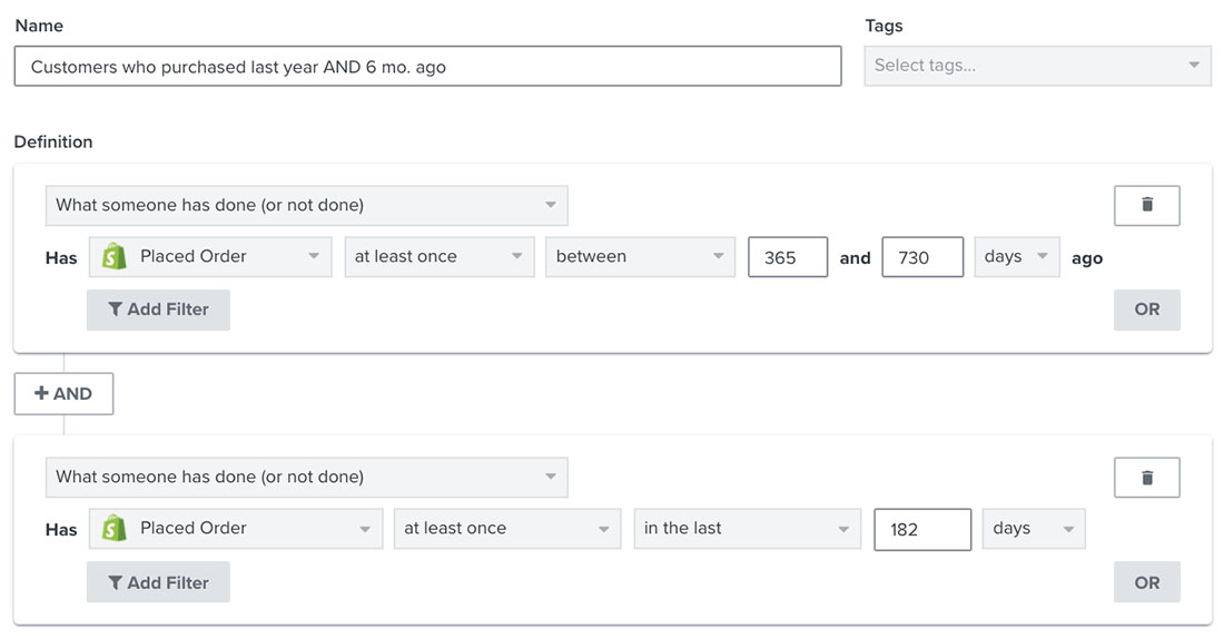 Beispiel Segment mit Profil, das in den letzten 365 bis 730 Tagen mindestens eine Bestellung getätigt hat und innerhalb der letzten 182 Tage eine Bestellung aufgegeben hat
