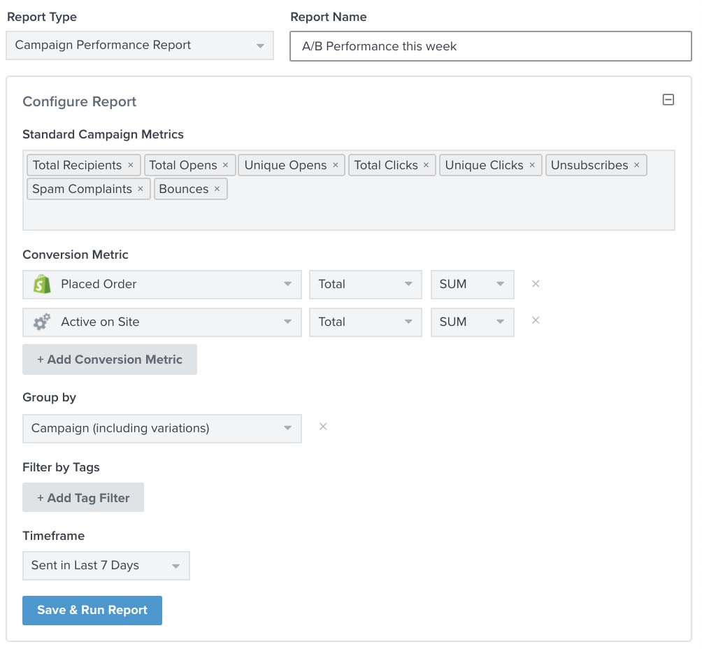 Beispiel für einen Kampagnen-Leistungsbericht mit der Standardkampagne Metrik, platzierte Bestellung, aktiv vor Ort, gruppiert nach Kampagne in den letzten 7 Tagen