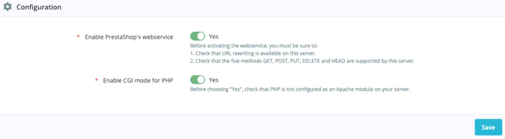 Einstellungsseite in PrestaShop, auf der die Option „Enable CGI mode for PHP“ (CGI-Modus für PHP aktivieren) aktiviert ist