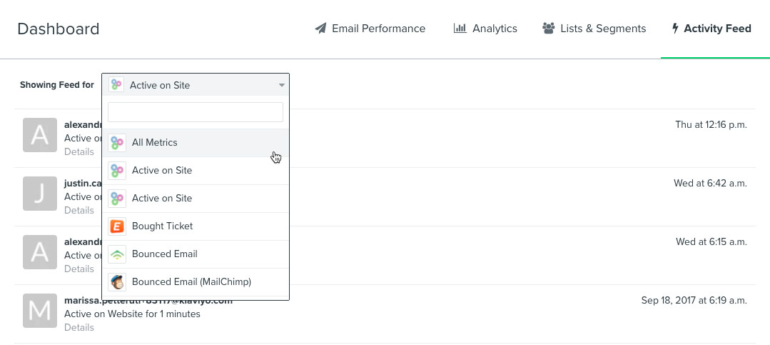 La pestaña de alimentación de actividad en el cuadro de mandos