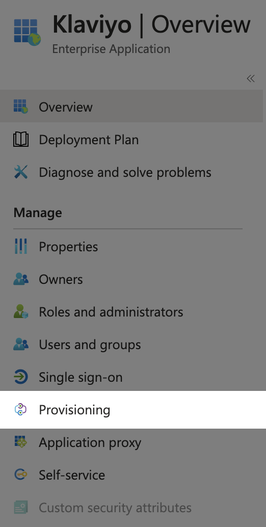 Barra laterale sinistra per l'app quando è evidenziato il Provisioning