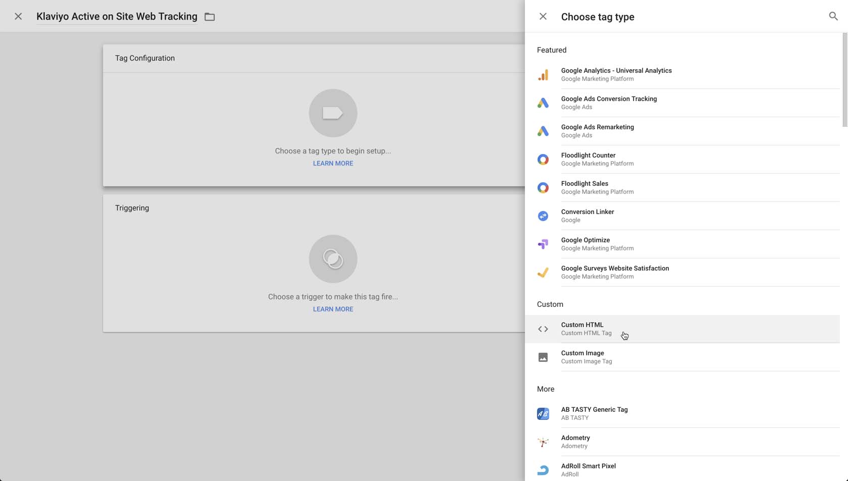 Within your site's workspace opening up the choose tag type menu and selecting custom html