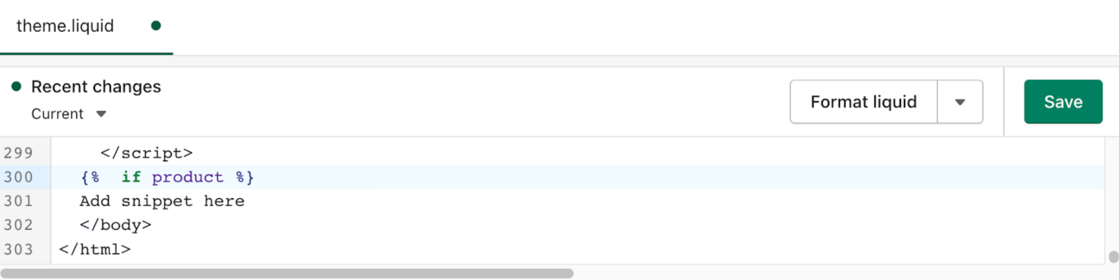 Theme.liquid file in Shopify showing if product tag highlighted in blue, followed by text reading Add snippet here, followed by </body>
