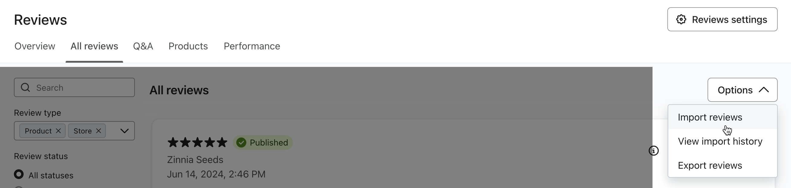 The Import reviews button