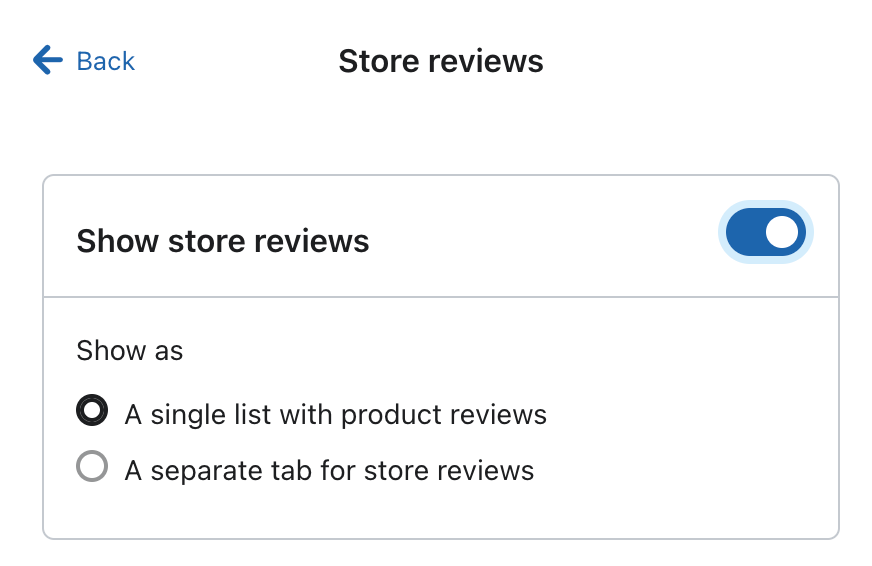 The store reviews setting is toggled on