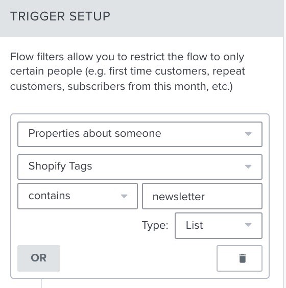 Klaviyo fluye configuración disparador constructor mostrando perfil filtro Shopify etiquetas contiene boletín de noticias