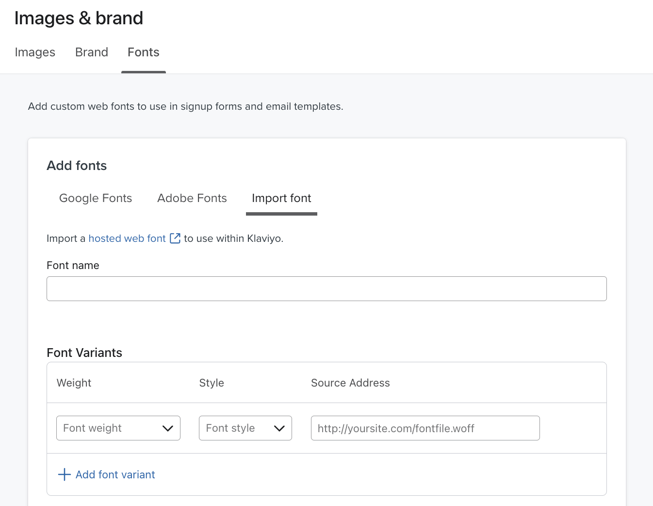 El menú «Importar fuente» de la pestaña «Imágenes y marca» dentro de Klaviyo.