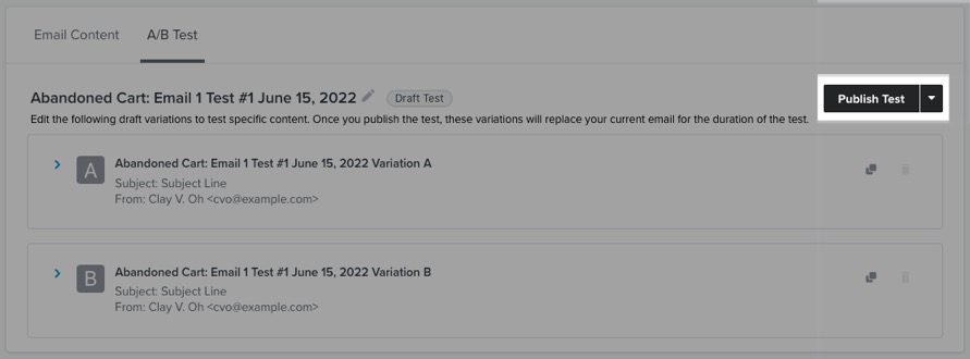 O botão Publish Test (Publicar teste) fica no canto superior direito da guia A/B Test (Teste A/B).
