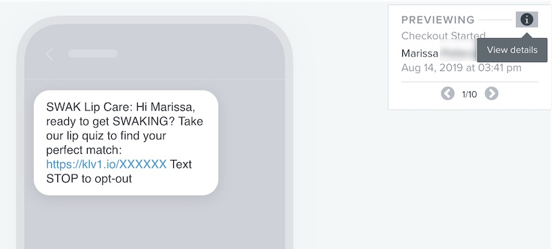 When inside an SMS or MMS, navigate to the Previewing tab in the upper right-hand side and hovering on the info icon to see the View Details action