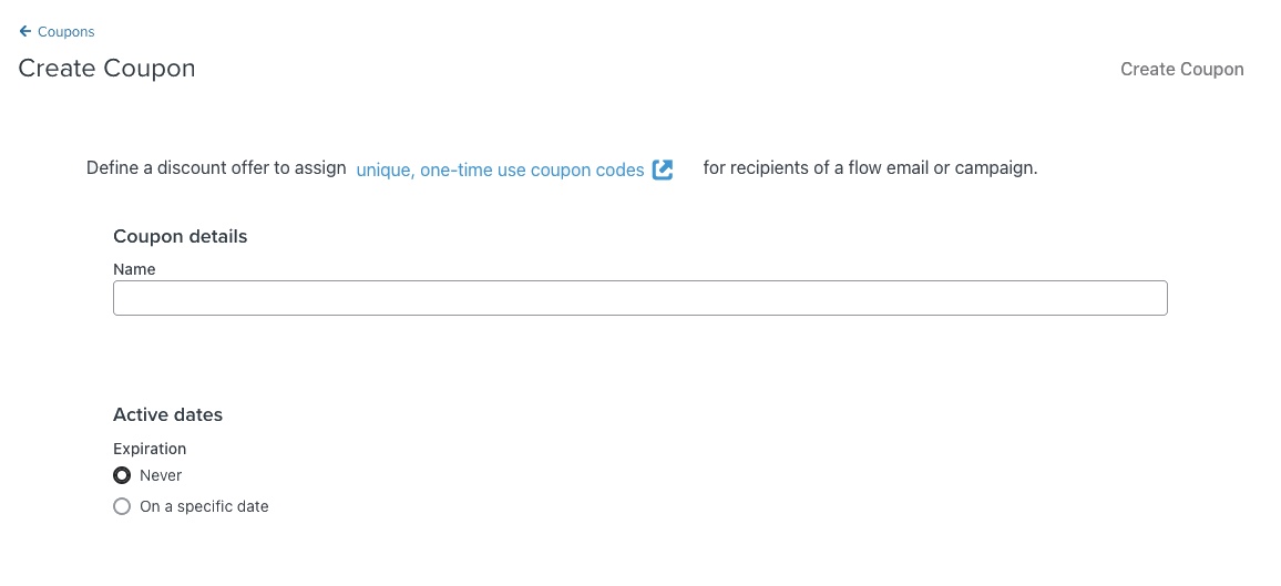 The create coupon page in Klaviyo where you can name your coupon and add an expiration setting.