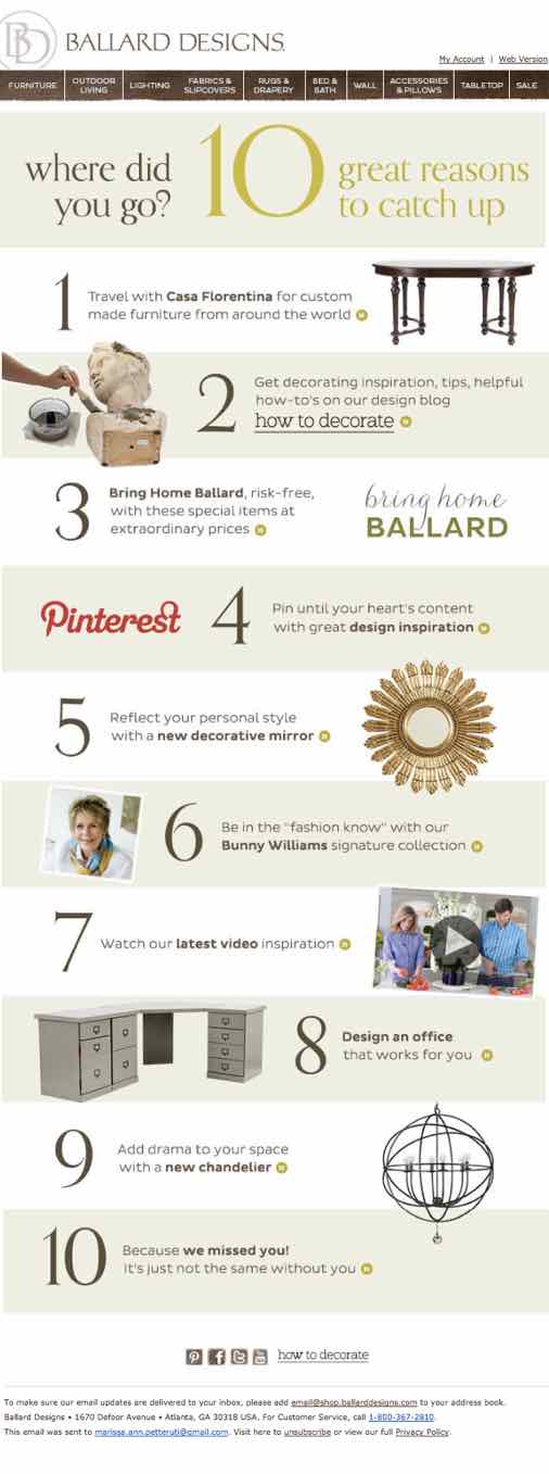 Exemplo de um e-mail de winback com várias imagens com links para diferentes partes do site da loja