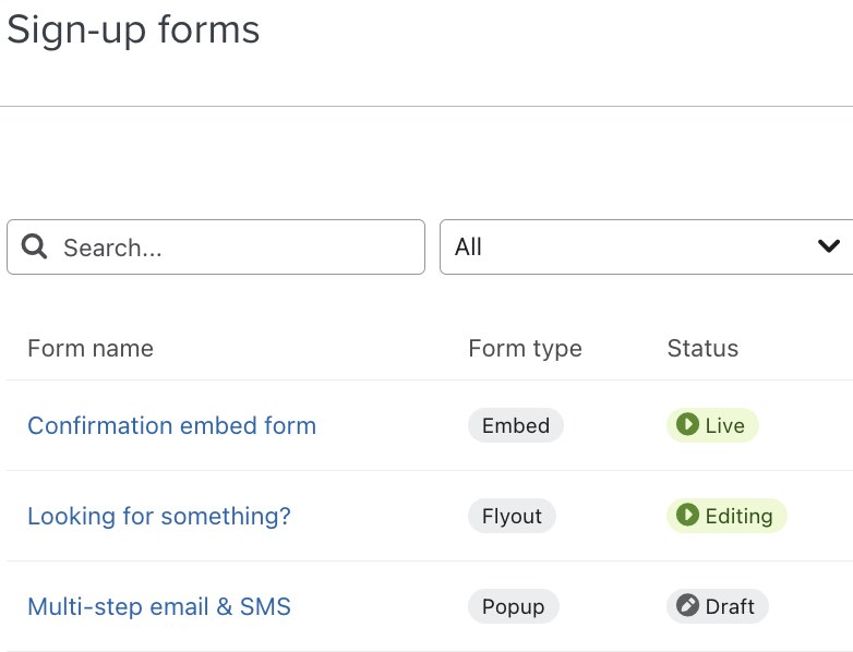 The sign-up forms tab showing the Status column for three example live, editing, and draft forms.