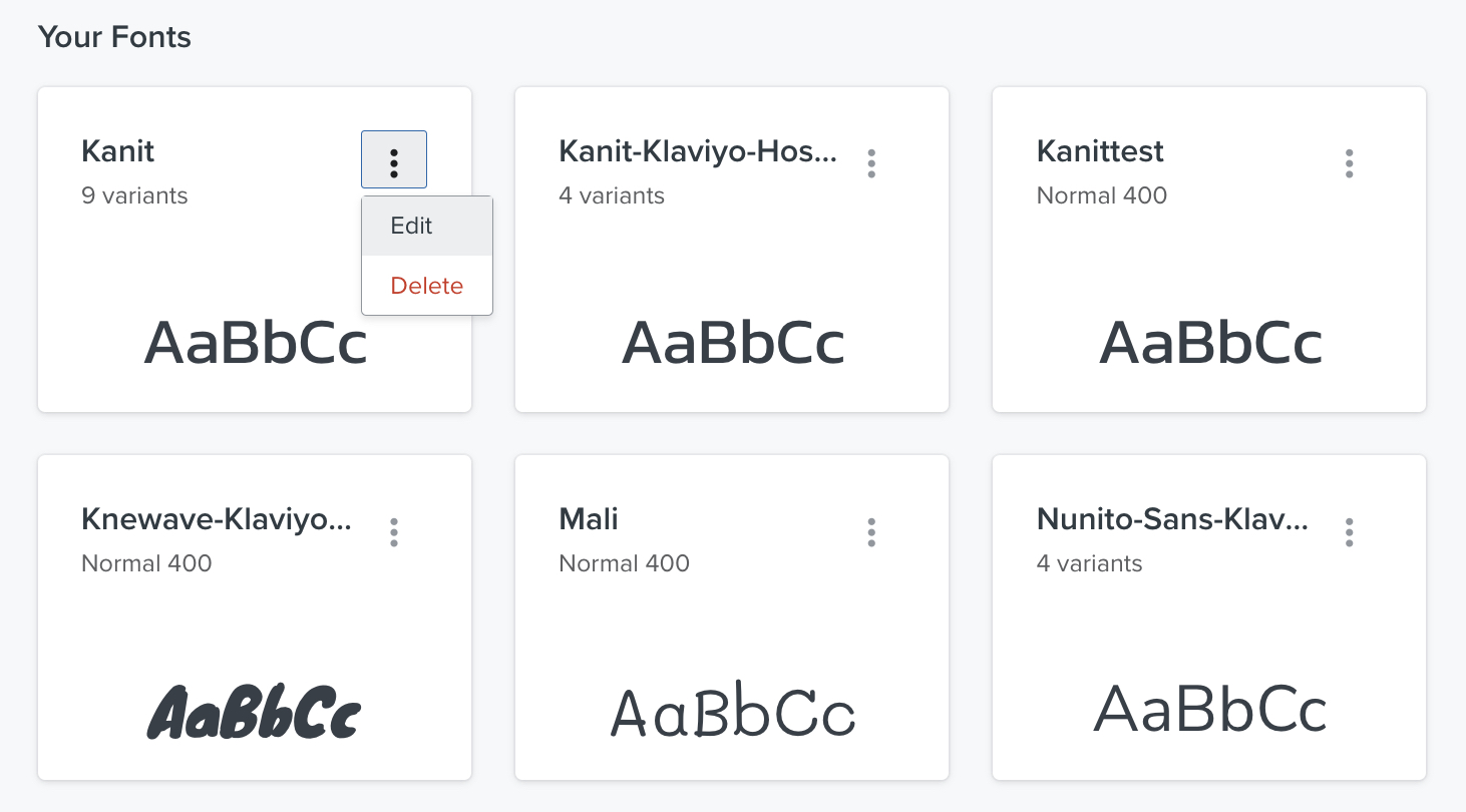 The Your Fonts section of the Images and Brand tab showing the 3 dots menu selected on an example font.