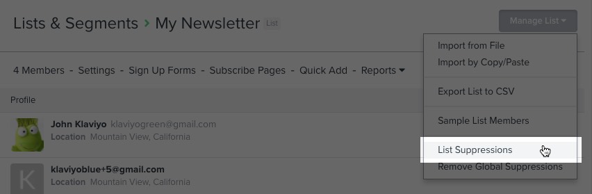 Opção de supressão de listas no menu para gerenciar listas