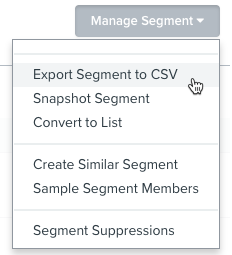Le menu Gérer le segment contient une option Exporter vers CSV.