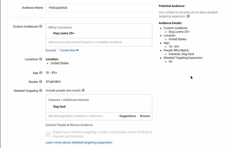 Facebook Audience builder com público-alvo baseado no público-alvo personalizado Dog Lovers 25+ com configurações de segmentação selecionadas