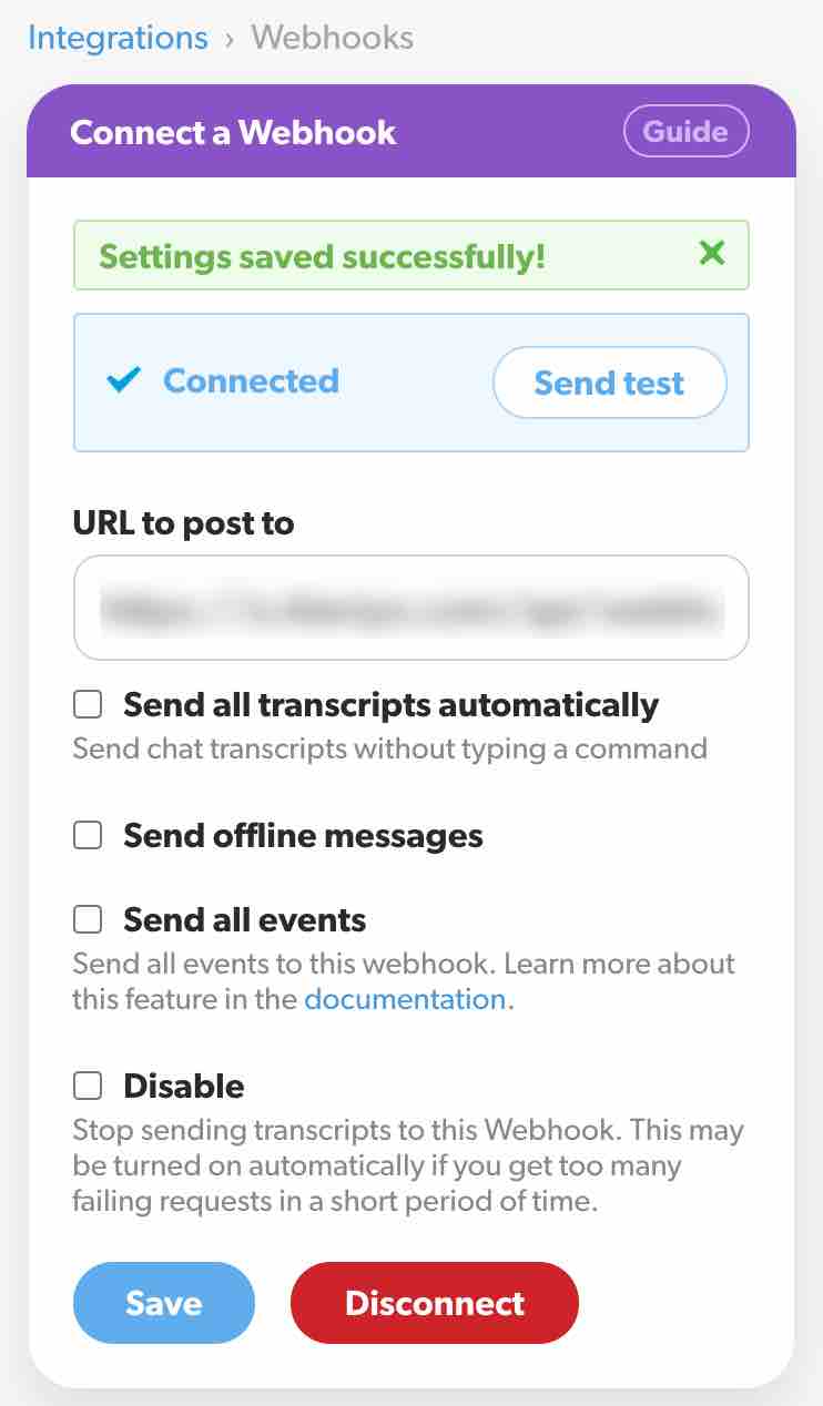 Conecte uma caixa Webhook no Olark com o banner verde Settings saved successfully (Configurações salvas com sucesso) e o banner azul Connected (Conectado) com texto de envio e fundo branco