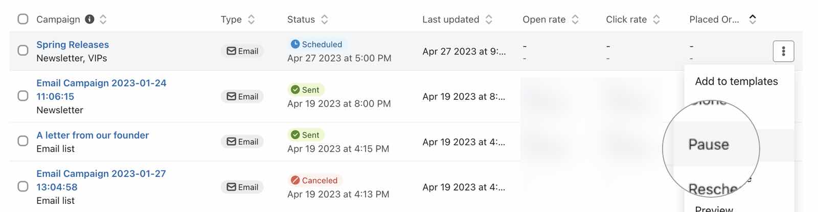 Pause option in the dropdown menu