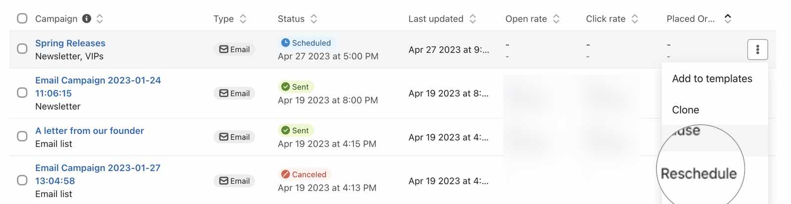 Reschedule option in the dropdown menu