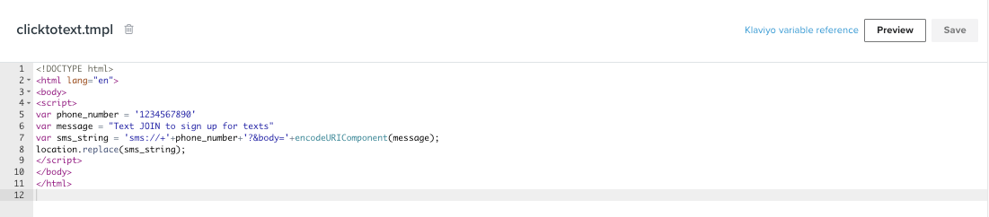 Exemple d'extrait de code où le numéro d'envoi du SMS a été remplacé