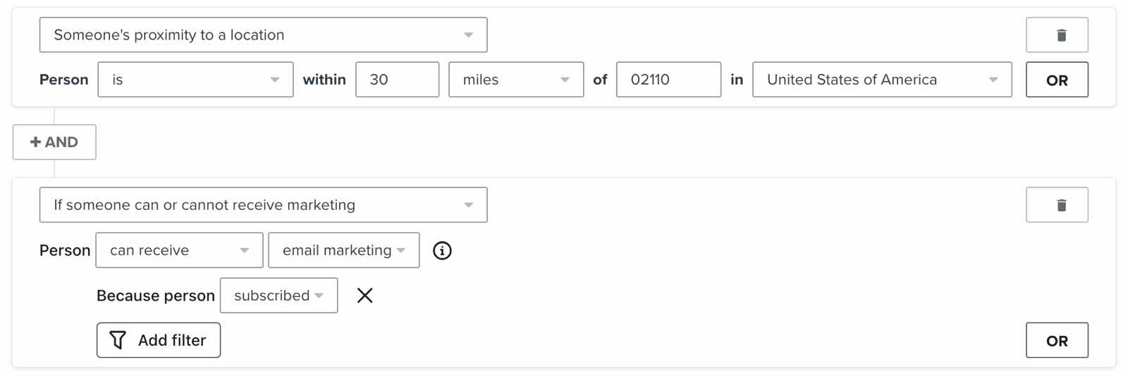 A segment of profiles located near a certain zip code