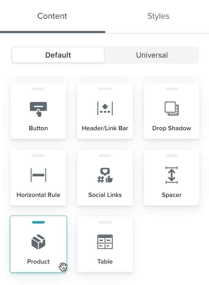 O ícone do bloco de produtos no editor de modelos do Klaviyo