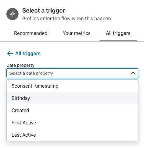 Dal menu Impostazione trigger, può scegliere una proprietà data dal menu a tendina, come ad esempio la proprietà Compleanno, se esiste nel suo account.