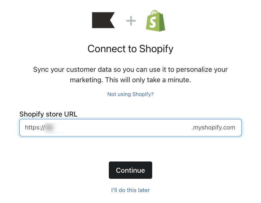 Exemple de la page d'intégration de Shopify vous demandant d'indiquer l'URL de votre magasin dans le champ ci-dessous