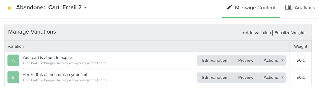 Example of an abandoned cart email with two variations for testing