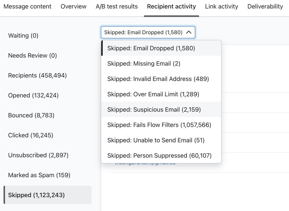 Dropdown showing a list of different skip reasons
