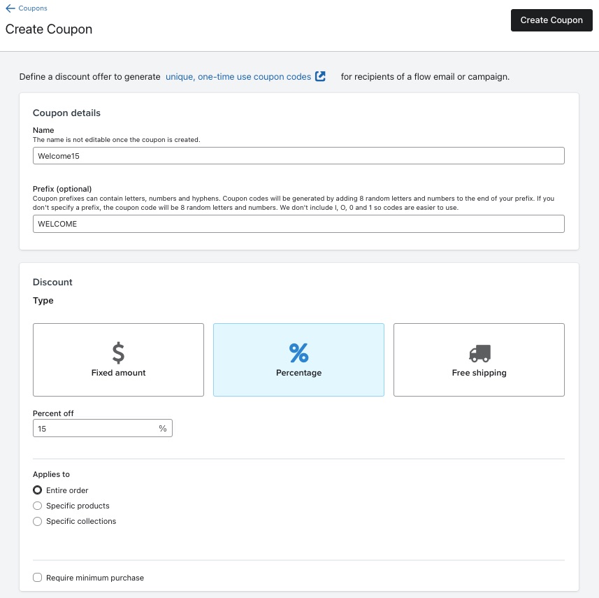 Le menu Informations détaillées sur le code de réduction depuis lequel vous pouvez nommer un code de réduction, définir un préfixe et définir les fonctionnalités du code de réduction, notamment son type et ses spécificités d’application.