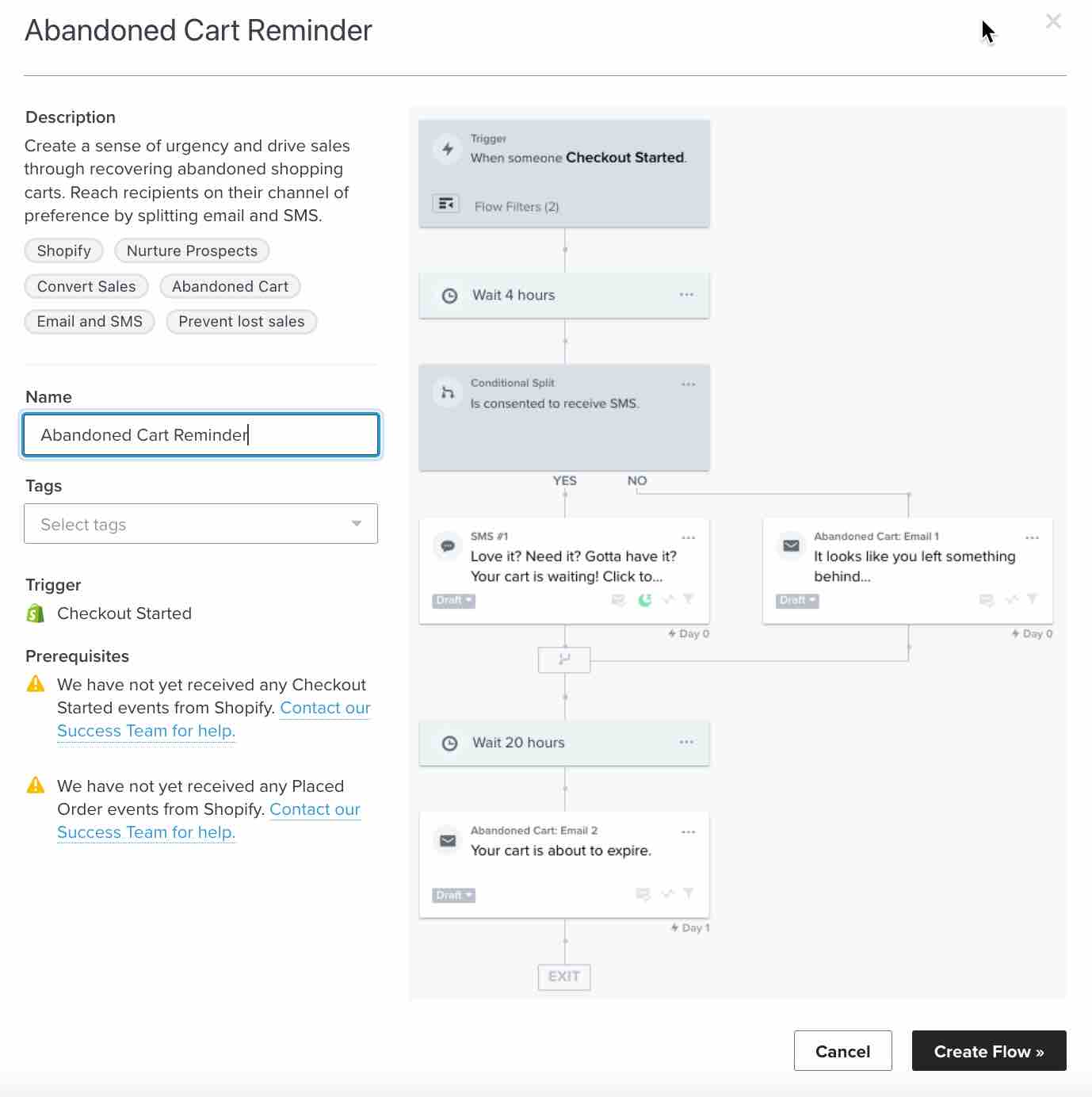 Preview of an abandoned cart flow template where you can
          name the flow