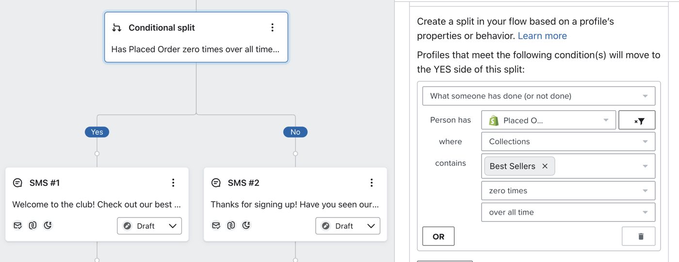 Exemple de fractionnement conditionnel avec la configuration « A Placed Order zéro fois depuis toujours où Collections contient Meilleure vente »