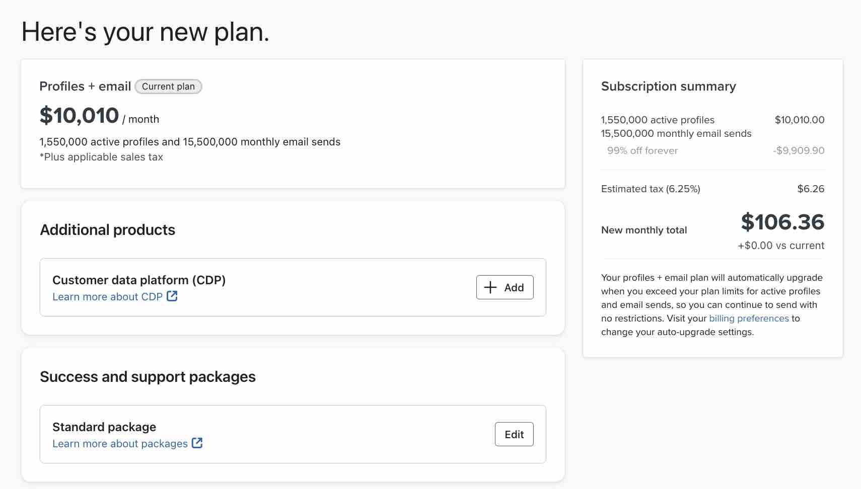 La pagina di checkout mostra la sezione dei pacchetti di successo e di assistenza