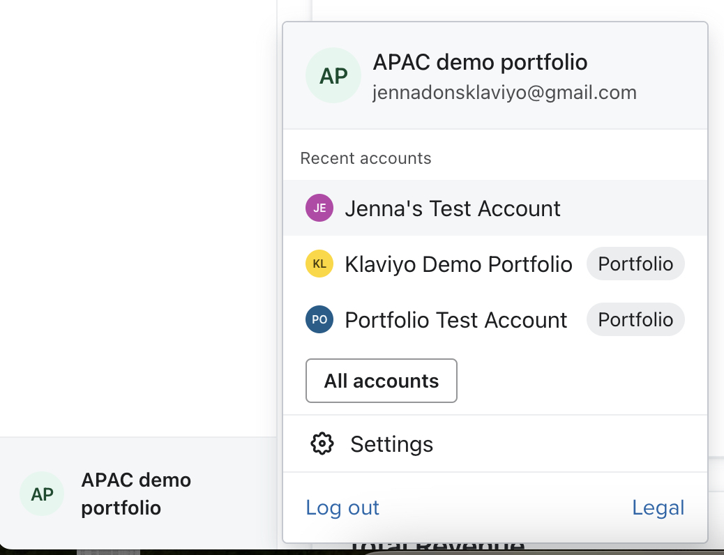 Navigation menu for an example multi-account showing each account's name and assigned colors.