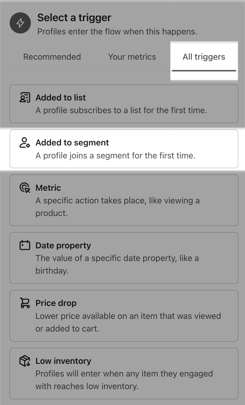 Select the Segment option from the list of triggers from Trigger Setup pane in the lefthand sidebar