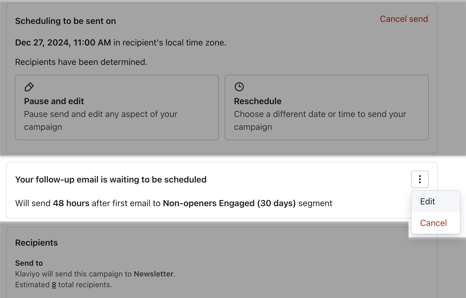 Opção para cancelar um e-mail de acompanhamento