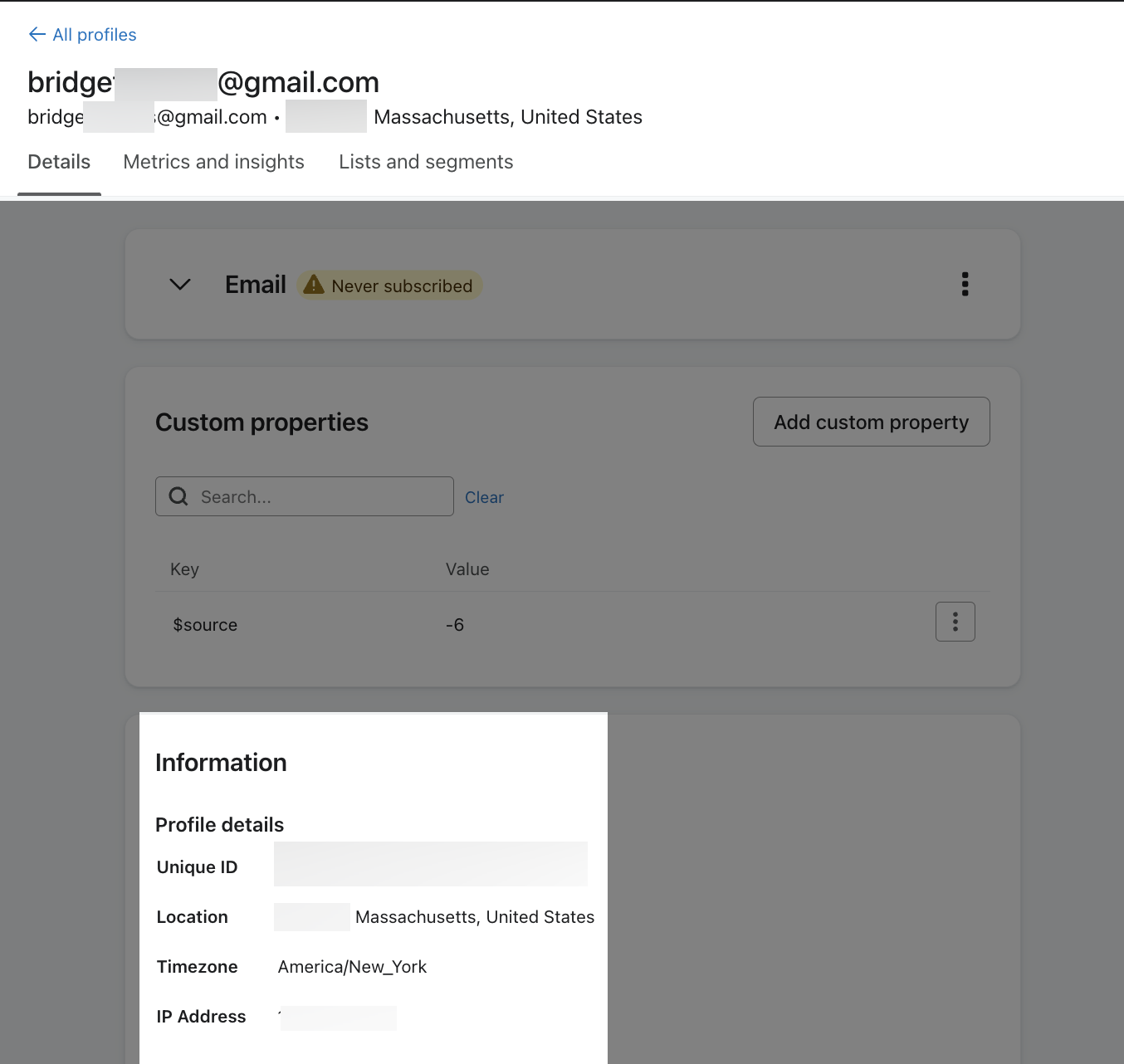 Esempio di visualizzazione della posizione e del fuso orario in un profilo