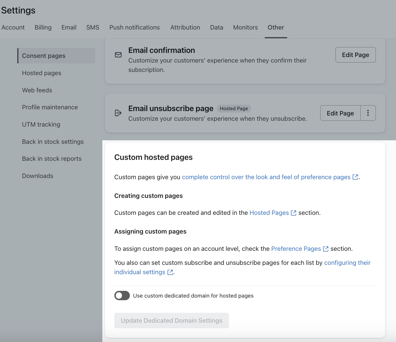 The Custom Hosted Pages section on the Consent Pages tab in Klaviyo showing the switch to enable hosted pages.