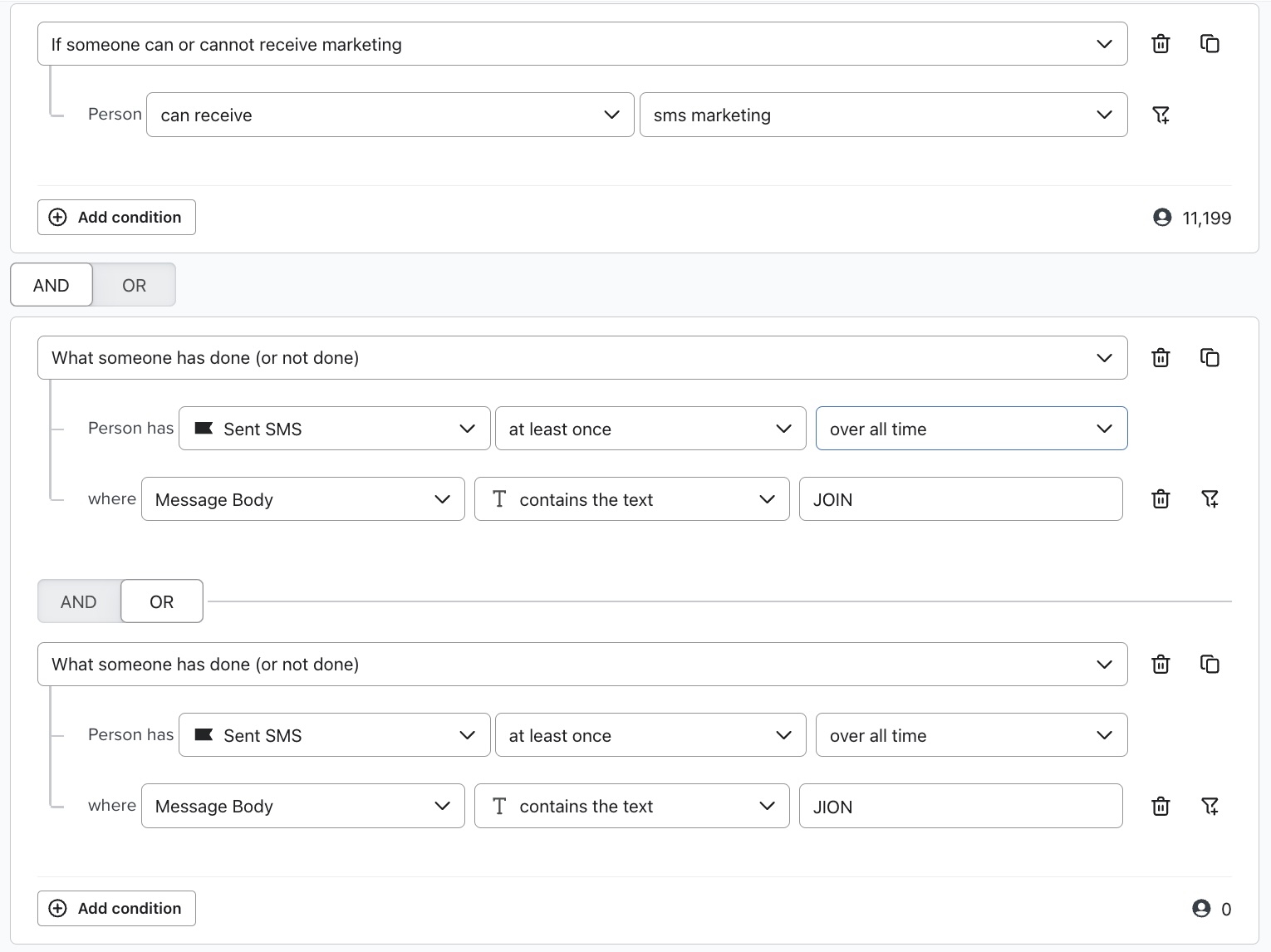 Segment of profiles that have sent the keyword JOIN