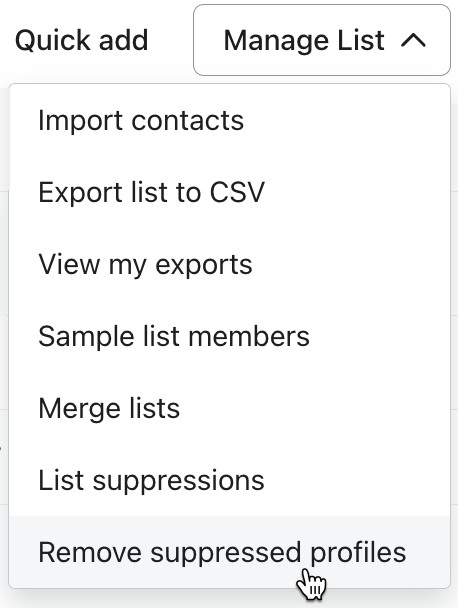 Remove list suppressions highlighted in the Manage List dropdown