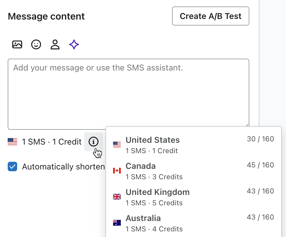 Um menu que exibe as contagens de crédito para vários países