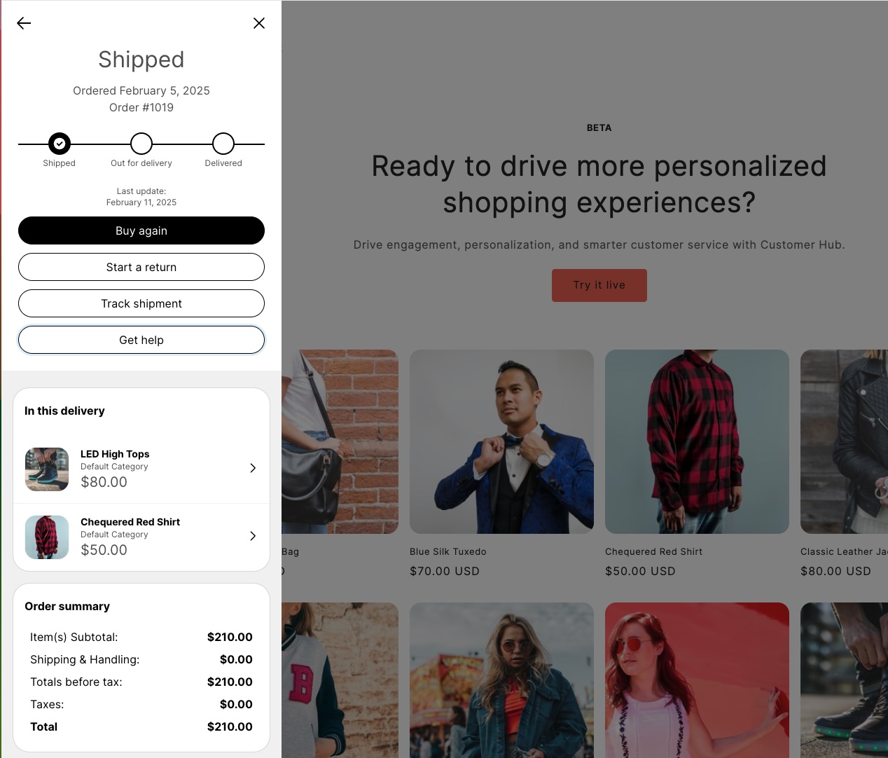La vista Detalles del pedido dentro de la interfaz in situ de Klaviyo Customer Hub muestra información de ejemplo del pedido de un cliente.