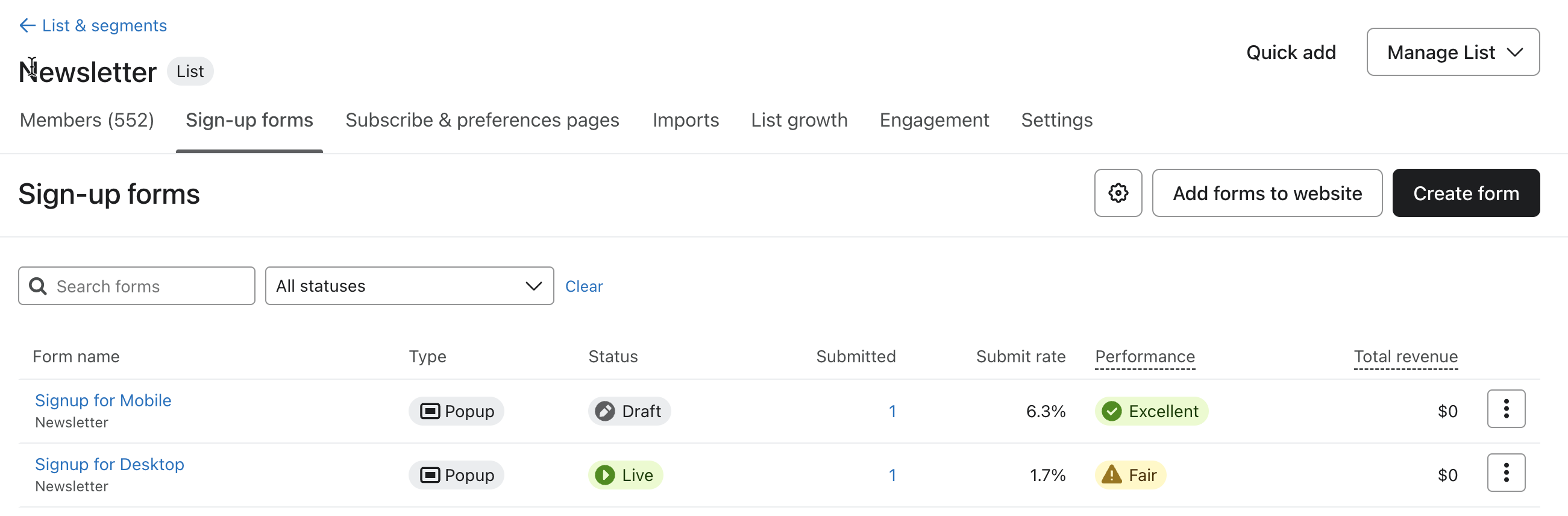 Anmeldeformular Tab für eine Liste
